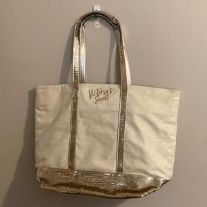 Victorias Secret cream and gold sequin tote bag